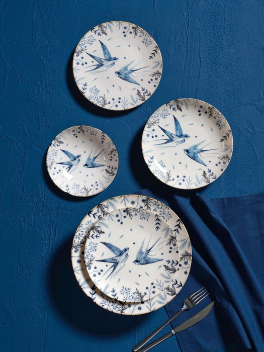 Hermia Juego de Vajilla de Porcelana de 24 Piezas Blanco, Azul y Negro